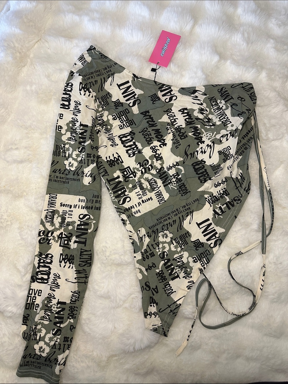 Edikted Olive Green & White One-Shoulder Graphic Crop Top
